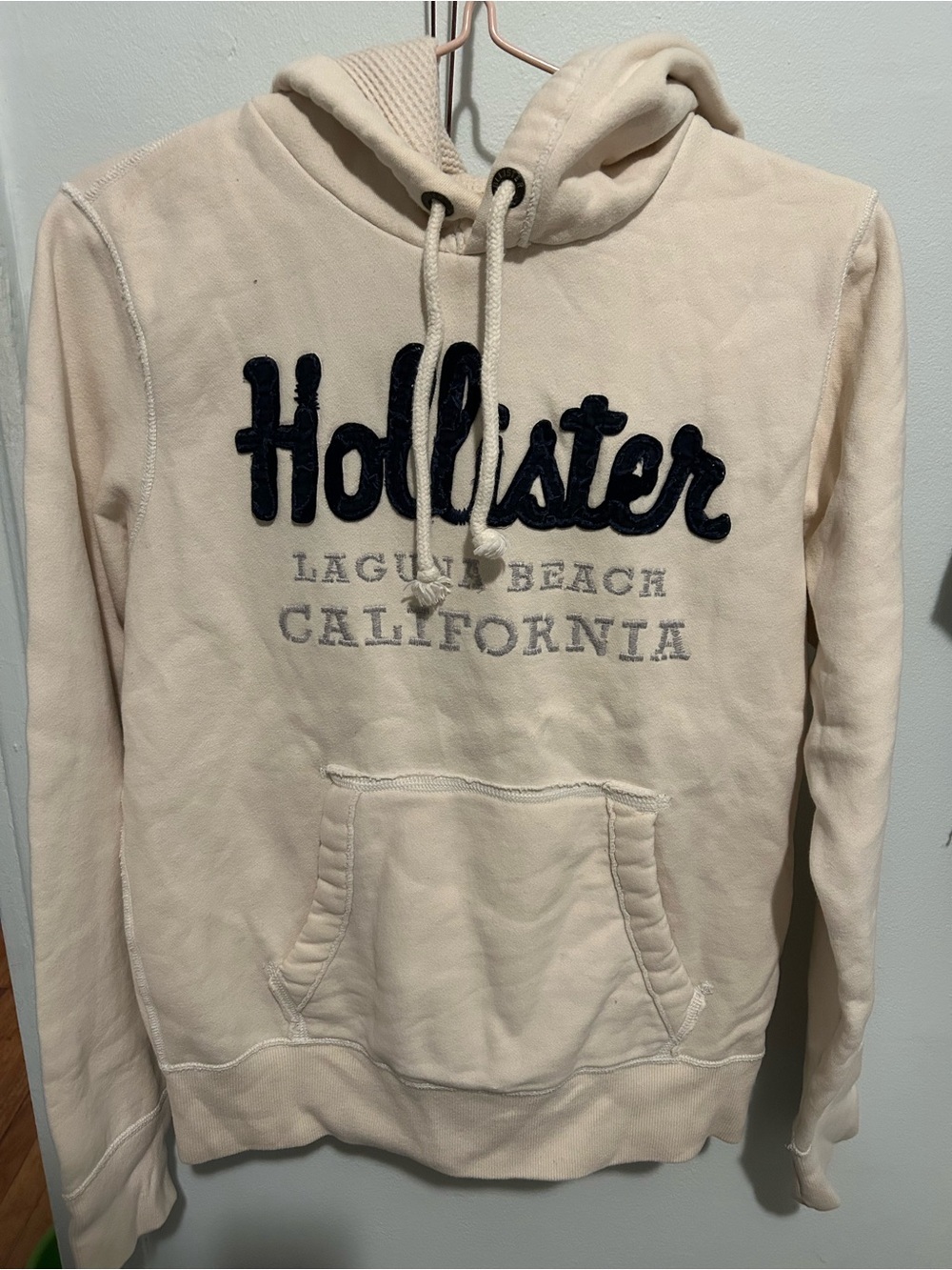 Hollister Hoodie Cream Pullover with Navy Logo Patch
